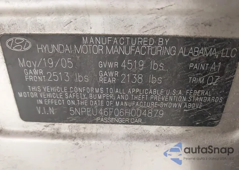 2006 Hyundai Sonata Gls V6/Lx V6 из США, поврежденный, VIN 5NPEU46F06H004879